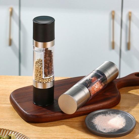 Salt And Pepper Grinder Double-Sided Spice Grinder 2 Compartments Adjustable Coarseness Transparent Spice Mill Easy Refill Spice Bottle for Kitchen