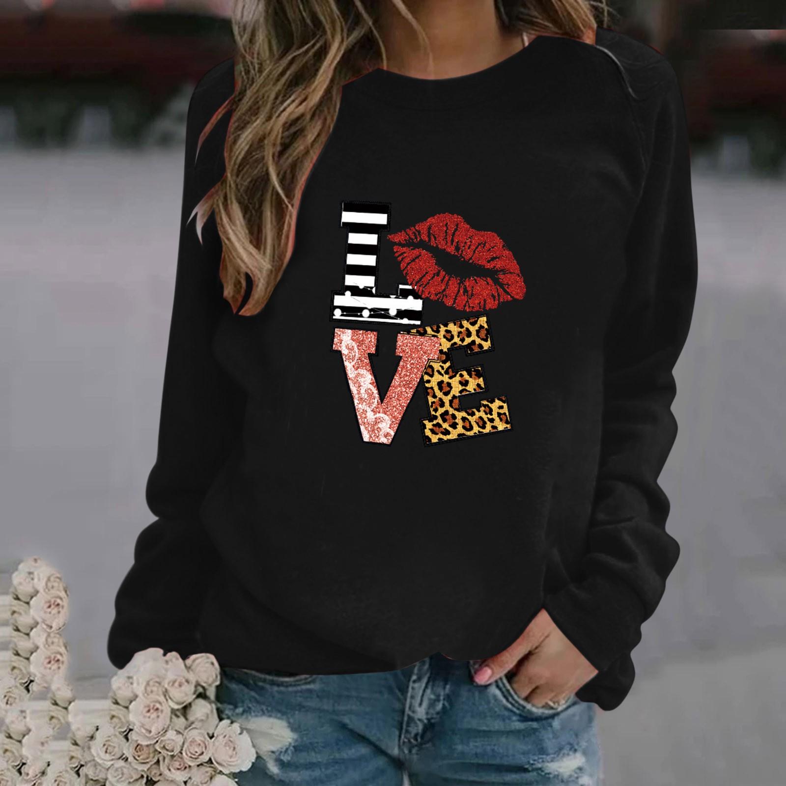 

Women s Fashion Leisure Valentine s Day Print Long Sleeve Pullover Top XXXL чорний