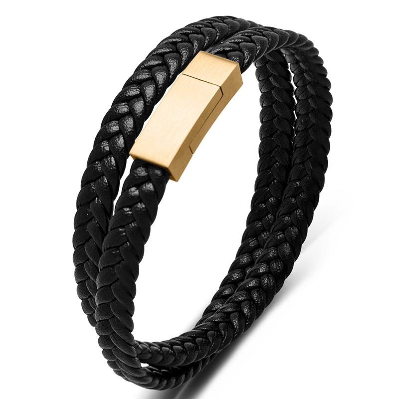 2026 Boys and Women s Simple Double-circle Woven Black Leather Bracelet, Korean Version of Versatile Jewelry 16.5CM