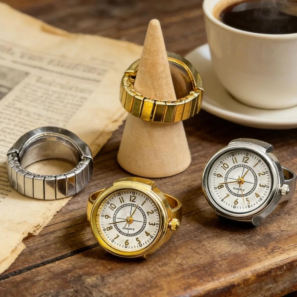 Simple Finger Ring Watch for Men Women, Round Dial Golden & Silvery Mini Quartz Ring Watches