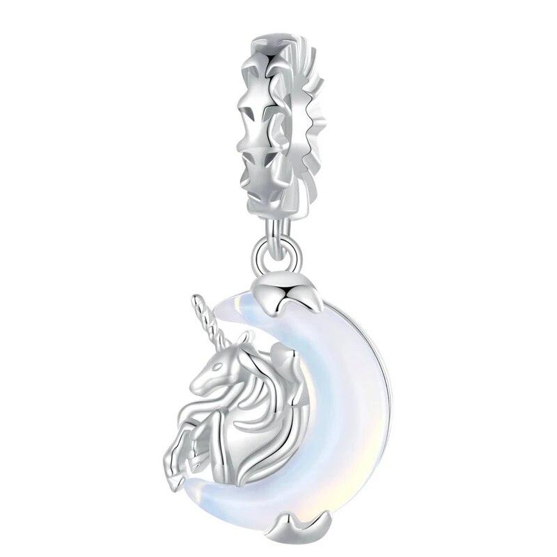 WOSTU Colgantes de unicornio transparente de Plata de Ley 925 con diseño de luna y estrella, aptos para Pulsera Original, regalo de joyería DIY