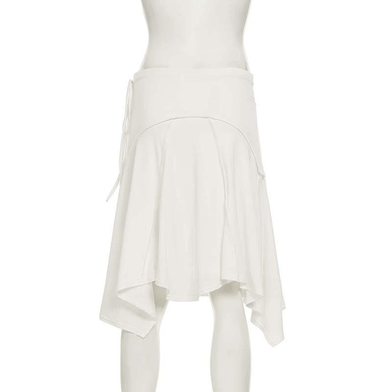 Elegant French White Irregular Half Skirt with Flowing Drape, Side Tie, and Low Waist Design