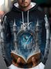 Men's Streetwear Hooded Sweatshirt with Magic Gate Book & Night Castle Eagle Print - Regular Fit Casual Pullover , Magic-Themed Outfit Essential for