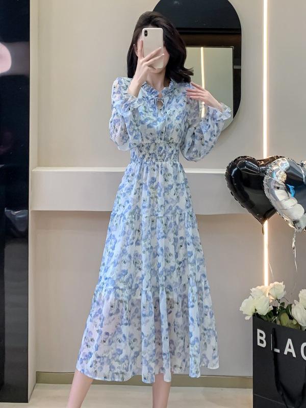 Korean Ruffle Rose Dress: Elegant Waist-Slimming Long Dress with French Sweet Ruffle Edges.