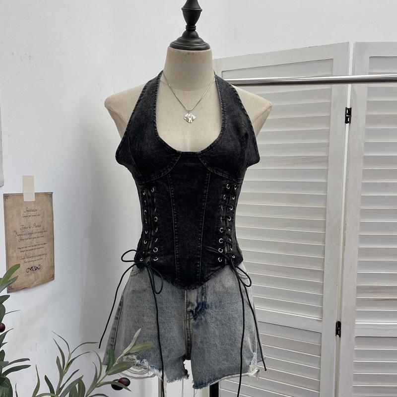 Denim Halter Crop Top: Punk Lace-up Sleeveless Slim Fit