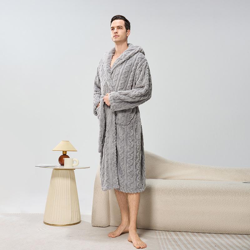 Men's Winter Hooded Robe Plush Long Bath Robes with Hood Cozy Warm Bathrobe Fuzzy Spa Robe With Pockets House Coat Fluffy Fleece Robes for Men