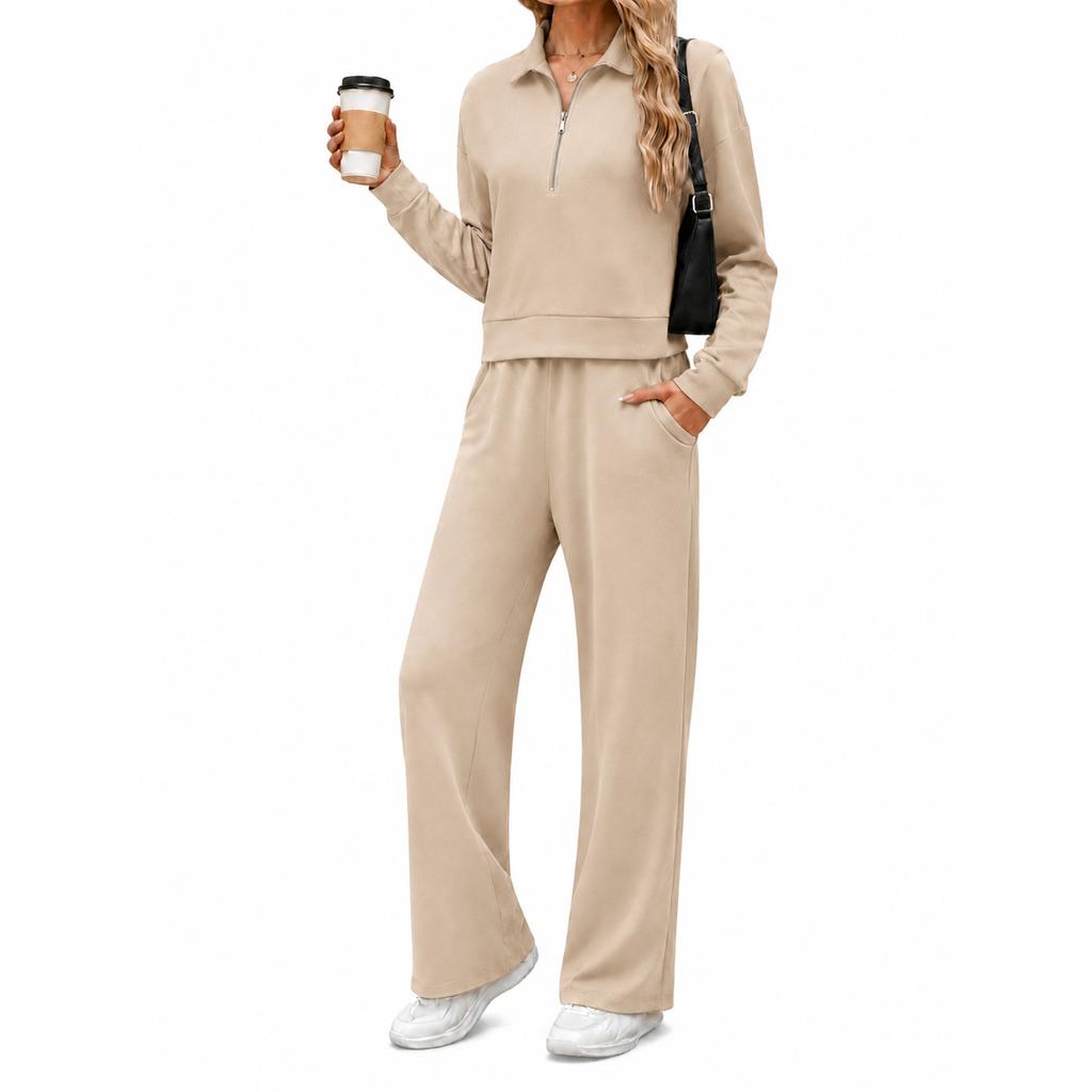 Women's Casual Half Zip Hoodie with Collar and Wide Leg Pants Set