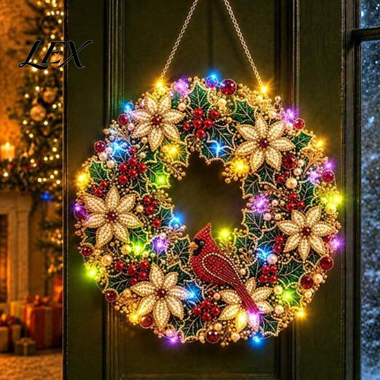 Handmade Christmas Decoration DIY Acrylic Faux Pearl Art Hanging Kit, Lighted Wreath 3D Beaded Craft Festive Mantelpiece Ornament Kit with LED String