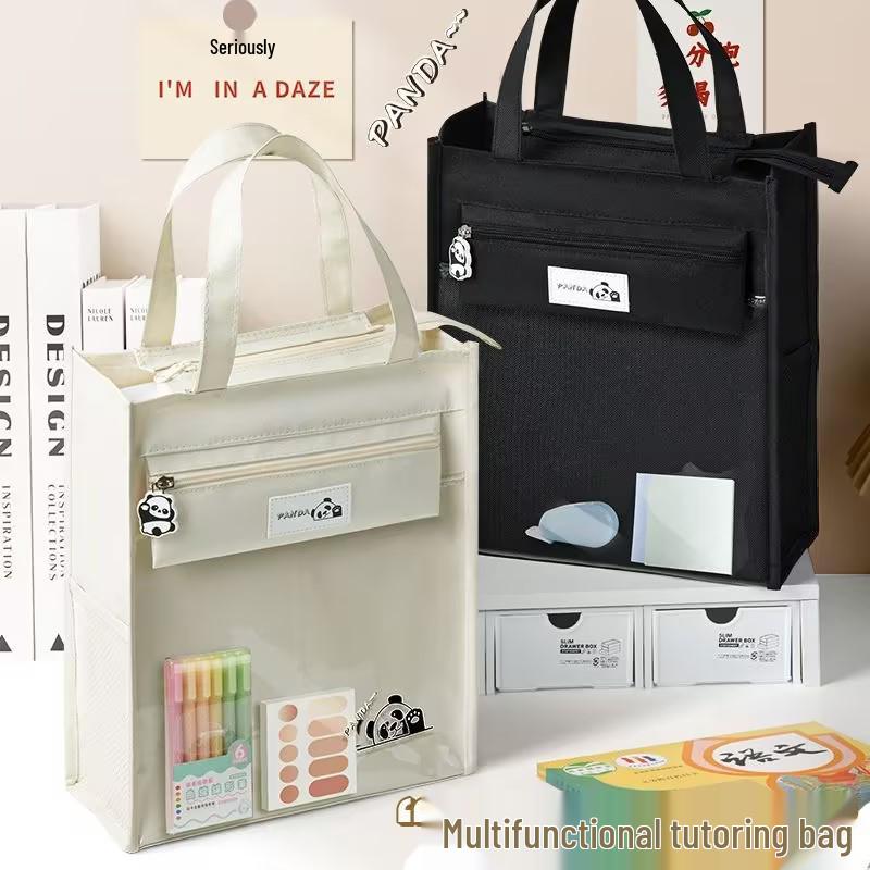 Panda Tutoring Bag: Transparent Canvas Handheld Book Bag for Kids with Extra Large Capacity
