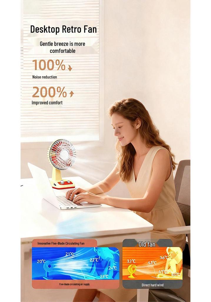 Retro USB Charging Mini Desktop Fan: Three-Speed, Strong Wind, Quiet Operation, Long Battery Life