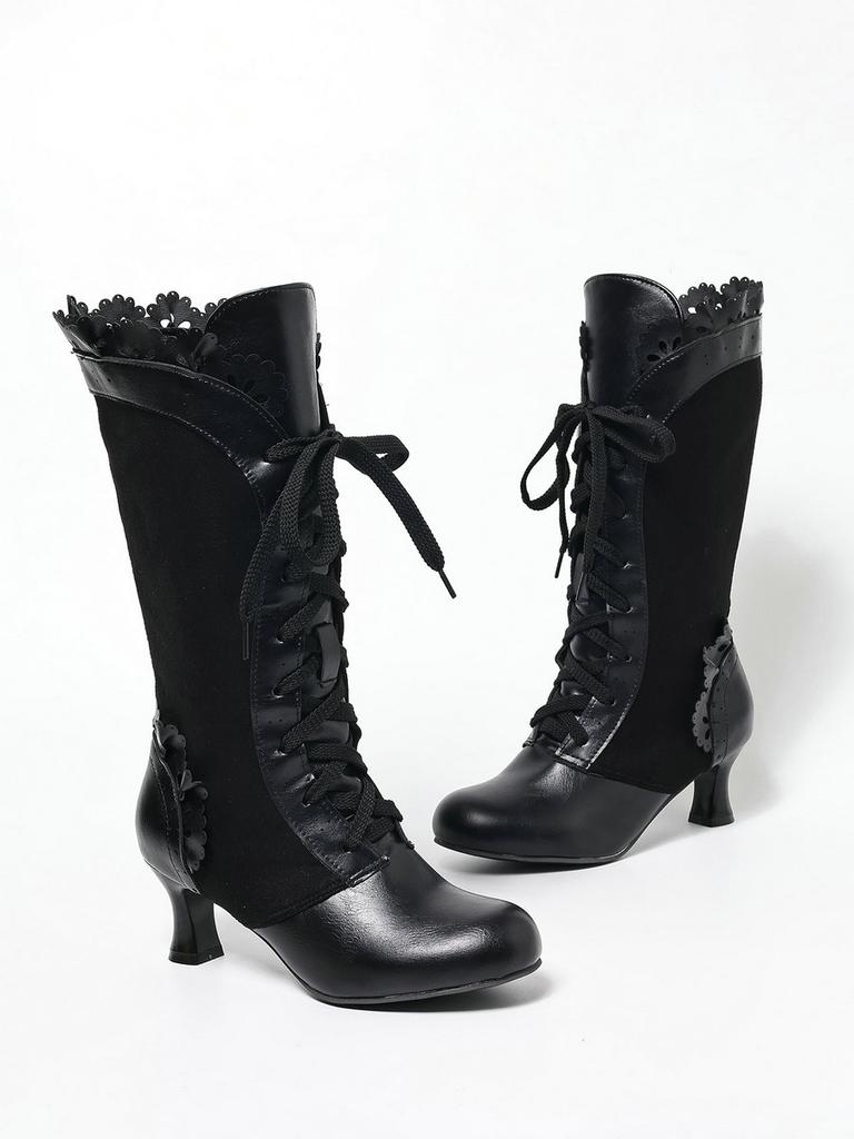 Höst Vinter Vintage Kvinnor Viktorianska Stövlar Snörning Hög Klack Ankelstövlett Volang Kant Lolita Prinsessa Cosplay Teparty Kostymskor