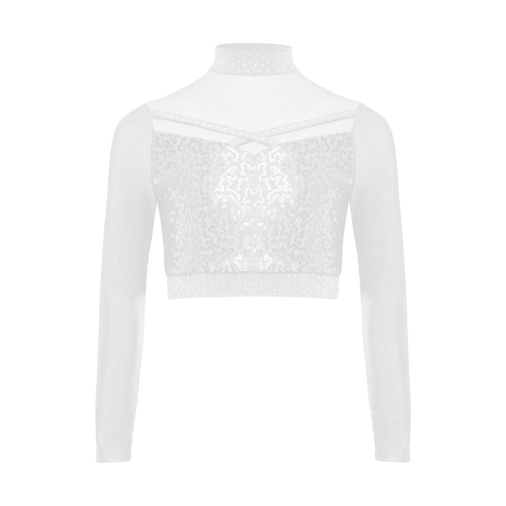 Dziewczęcy Crop Top do Tańca Jazzowego z Wysokim Dekoltem i Długim Rękawem, Przezroczysta Siateczka, Patchwork, Błyszczące Płatki, Kostium na Występ