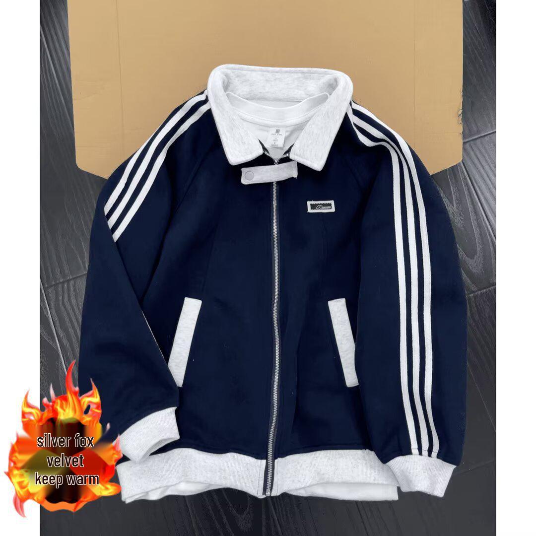 

Men s Fleece-Lined Patchwork Sports Jacket - Heavyweight, Three Stripes, Trendy Lapel Cardigan Hoodie, Baseball Outerwear Medium