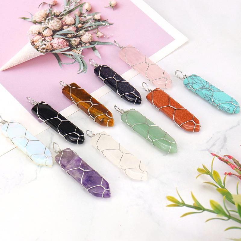 Handmade Sword-Shaped Amethyst Agate Crystal Mesh Bag Pendant Necklace
