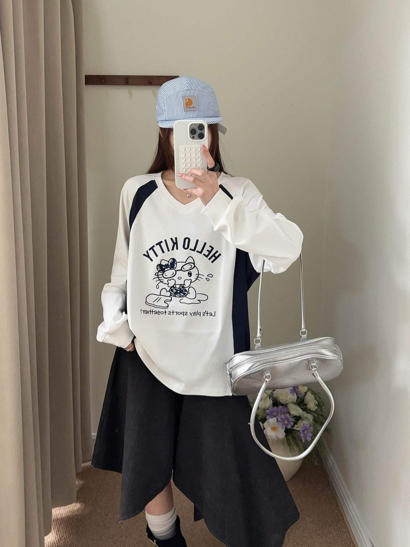 Zhang Ruonan Korean-Style KT Print Color Block Base Layer Shirt: Women s Loose Casual Long Sleeve T-Shirt for Early Spring. One Size