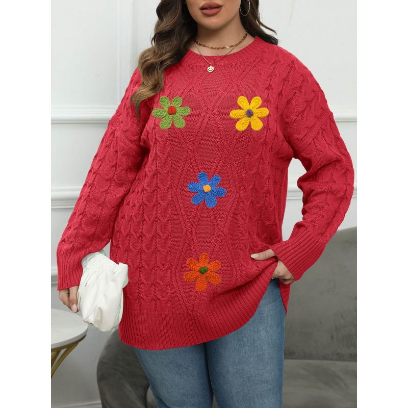 

Женский пуловер большого размера, женский трикотажный базовый свитер с круглым вырезом, тканый, с 3D вышивкой, в стиле пэчворк с цветочным узором 3XL красный
