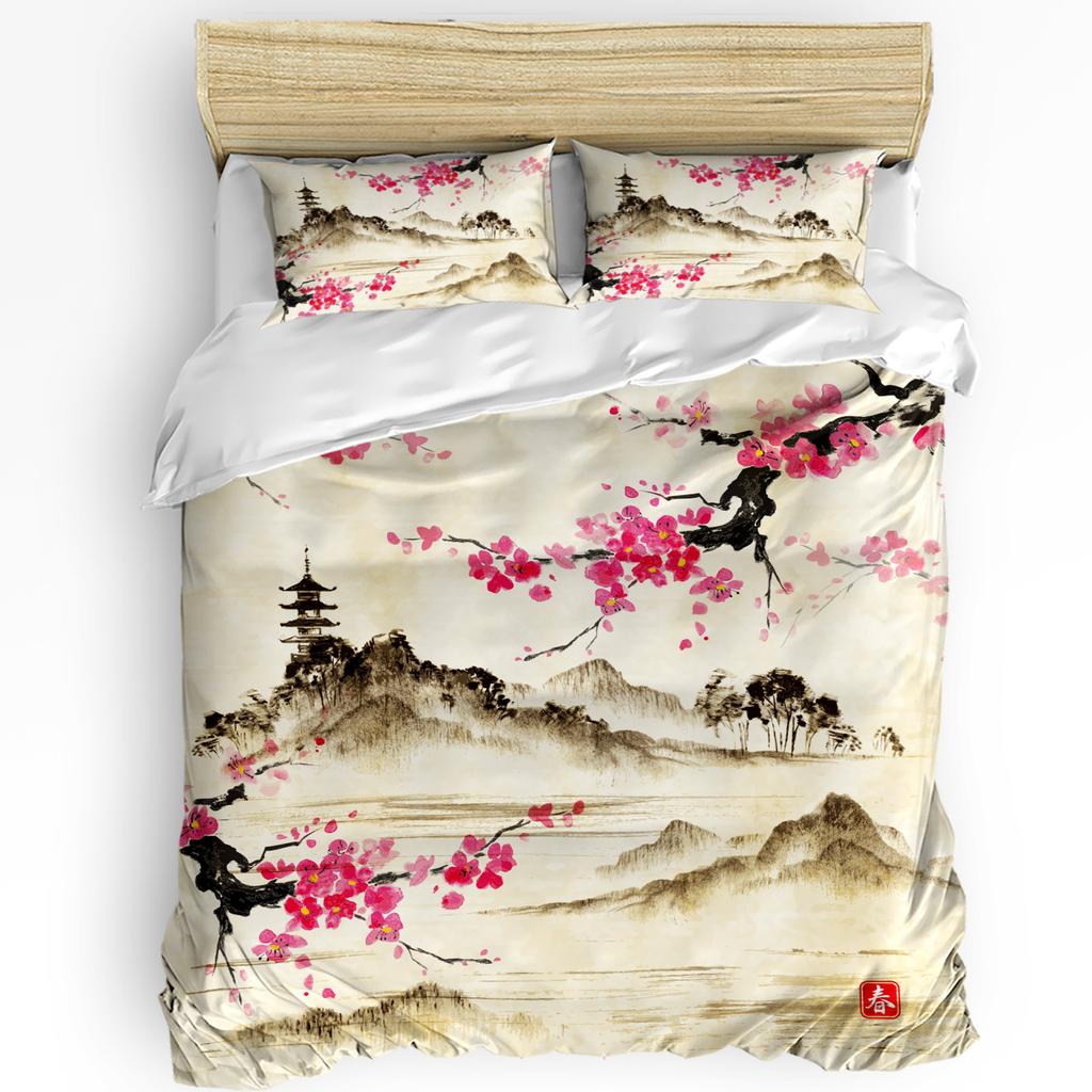Vibrant Trendy Landscape Ink Painting Chinese Style 3pcs For Bedroom Bed Home Textile Double Quilt