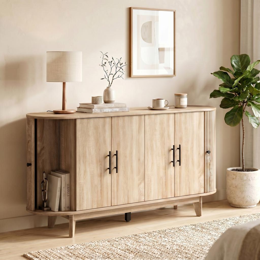 Living Room Sideboard, Oval, 4 Doors, 2 Adjustable Shelves, 147 x 40 x 76 cm, Oak