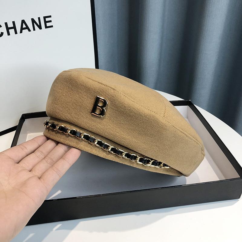 

Винтажный шерстяной берет с цепочкой и украшением B для женщин Adjustable хаки