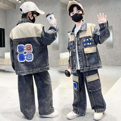 Boys' Trendy Blue Print Denim Set - Spring & Autumn 2025 Style for Ages 8-10, Street Cool