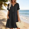 Womens V Neck Button Down Short Sleeve Loose Fit Linen Tunic Dress with Pockets Casual Summer Dress