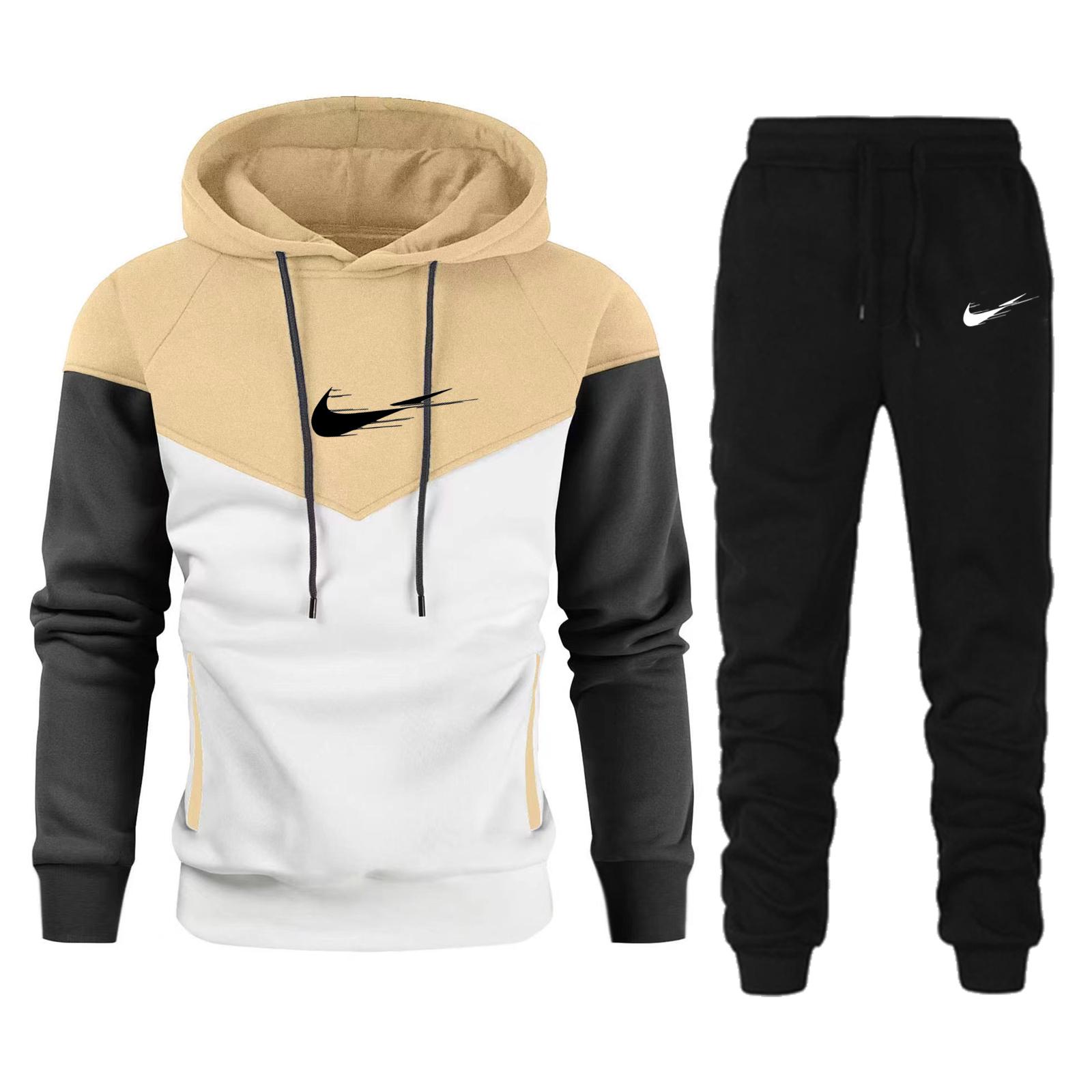 Tute sportive nere da uomo autunno 2025, nuove, con cappuccio caldo e felpato, abbinate ai colori, 2 pezzi, abbigliamento maschile M cachi