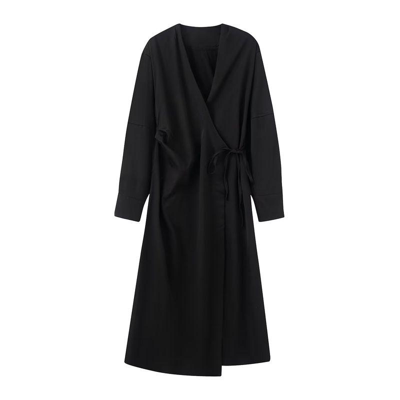 Kaslead New Women clothes Western Style Fashion Long sleeve V-neck Wrap Shirt Dress