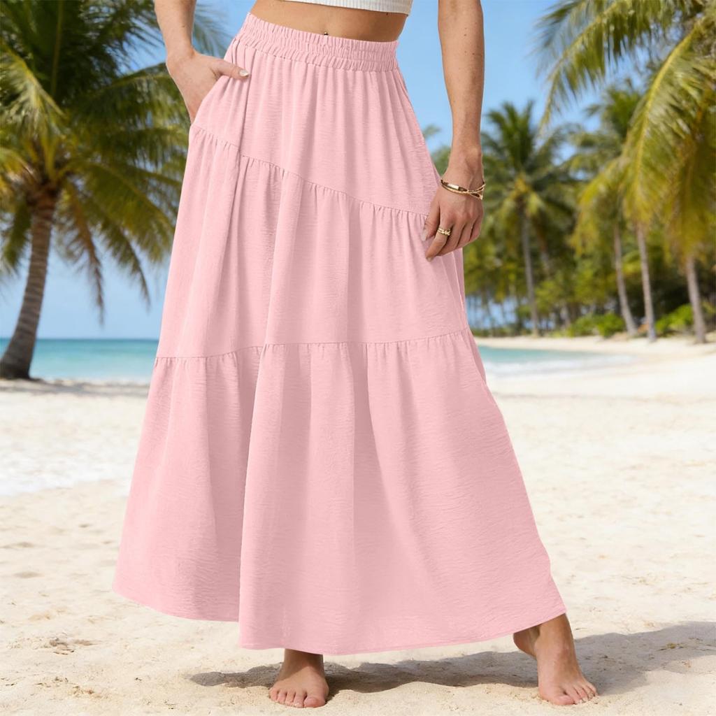 Women Casual Summer Loose Maxi Skirt Elastic Waist Lightweight Flowy Tiered Design Comfortable Daily Wear