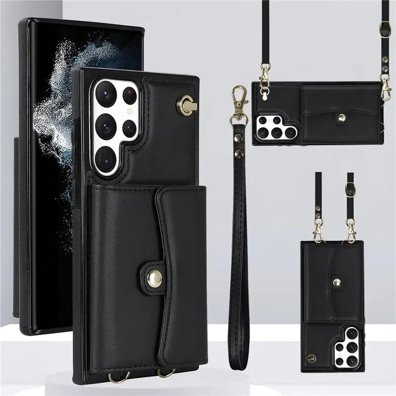 Lanyard Leather Wallet Phone Case for Samsung Galaxy S25 S24 Plus S23 FE S22 Ultra S21 S20 S10 Note 20 Flip Stand Cover Back Bag