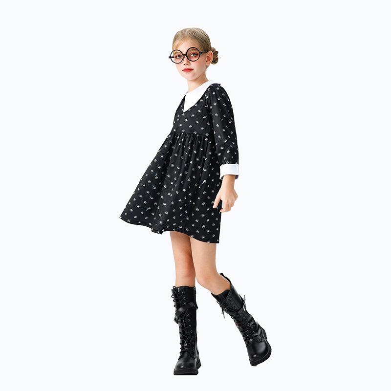 Halloween Children's Costume Adams Family Costume Wednesday Black Long Sleeve Dress Girls Party