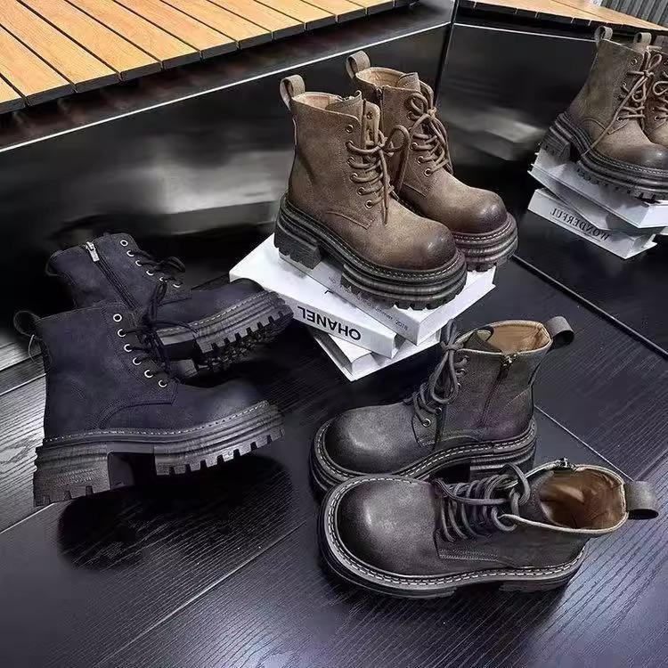 [Fanfna] Retro Polished and Old Martin Boots Women's 2025 Autumn New Versatile Lace-up Short Boots Locomotive Boots