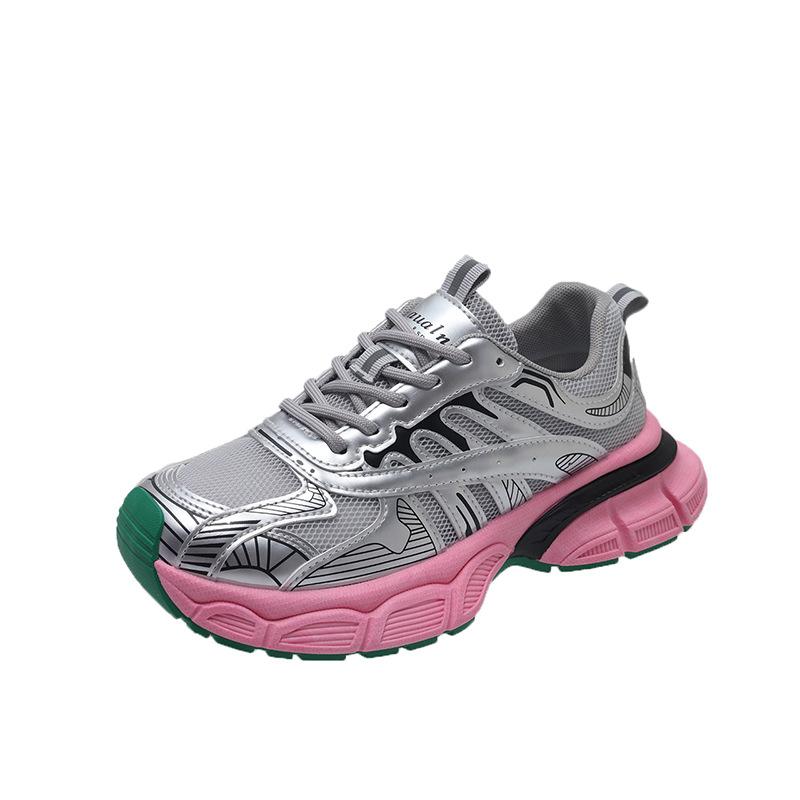 

Серебристые кроссовки «папины» женские 2025 новая летняя сетчатая дышащая тонкая платформа летний уличный взрыв 40 розовый