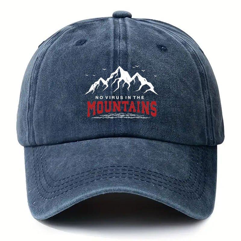 Vintage Distressed Black No Virus In the Mountains Slogan Print Baseball Cap Ideal for Outdoor Activities Fishing Hand Wash