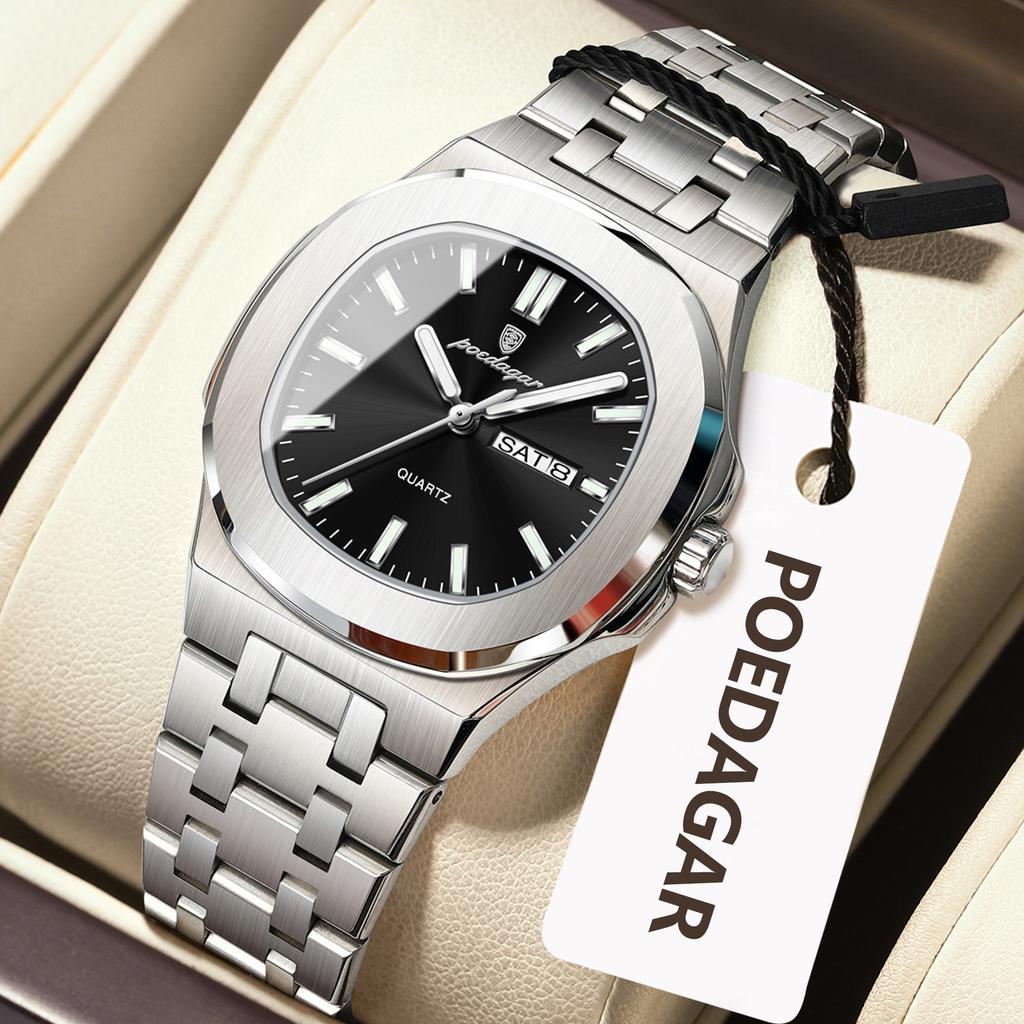 POEDAGAR Square Woman Watch Date Week Waterproof Luminous Ladies Watch Stainless Steel Quartz Fashion Watches Gift