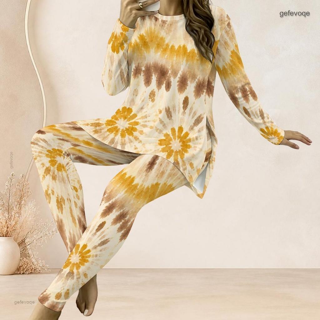 Women Plus Size Dark Blue Printed Two Piece Set Round Neck Long Sleeve Longline Top Fitted Pants