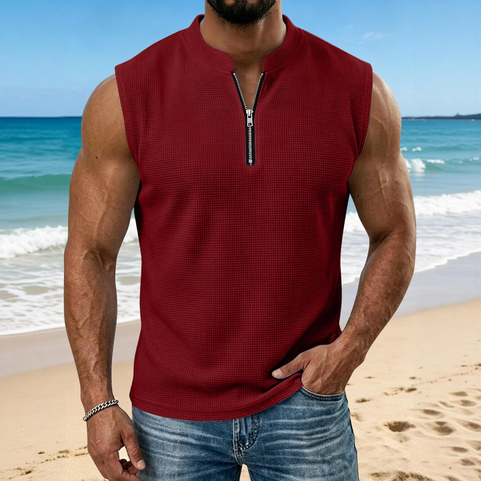 

Men s Summer -Weave Vest: Lightweight, Sleeveless, Stand-Up Collar Top XL винний