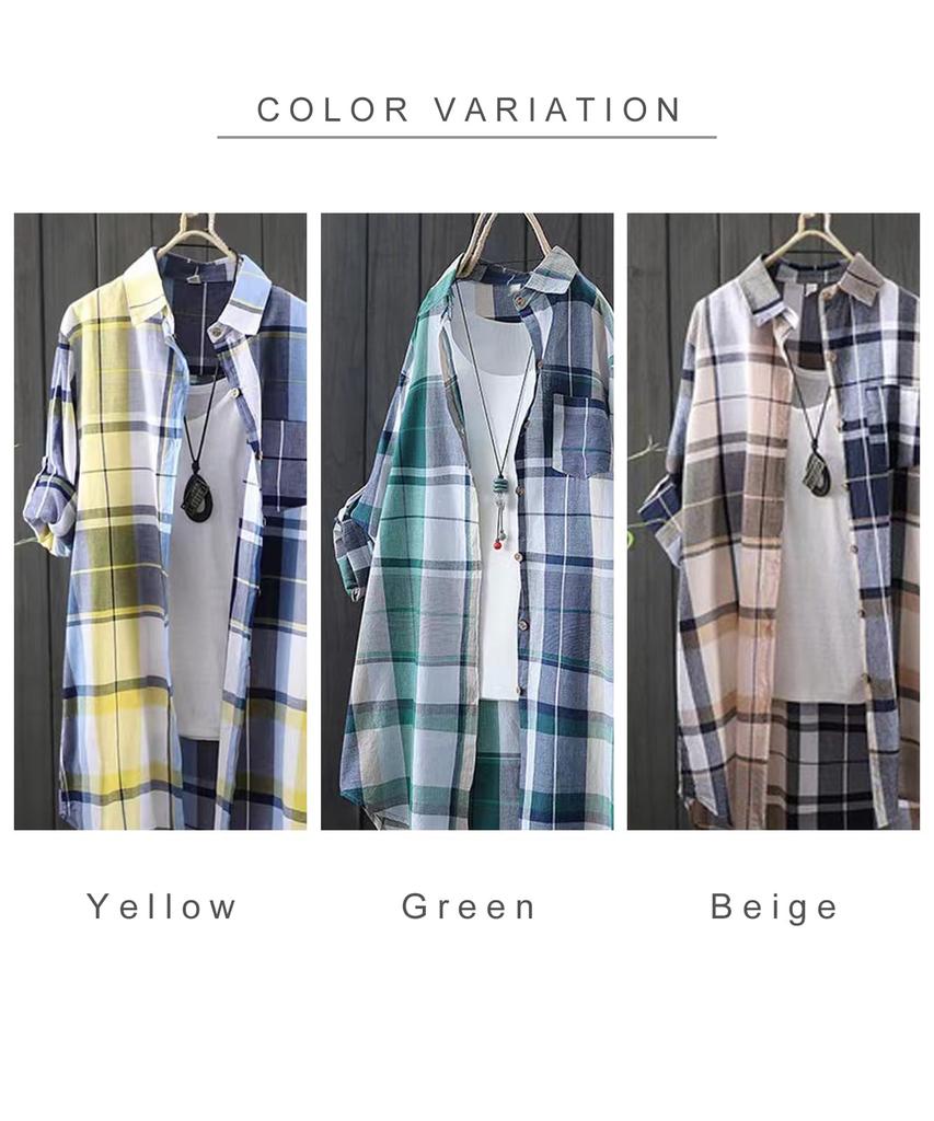 J.STORE Women's Long-Sleeved Check Shirt, Casual, Lightweight, Perfect for Spring and Summer, Beige, Size 5S-J02-BEL