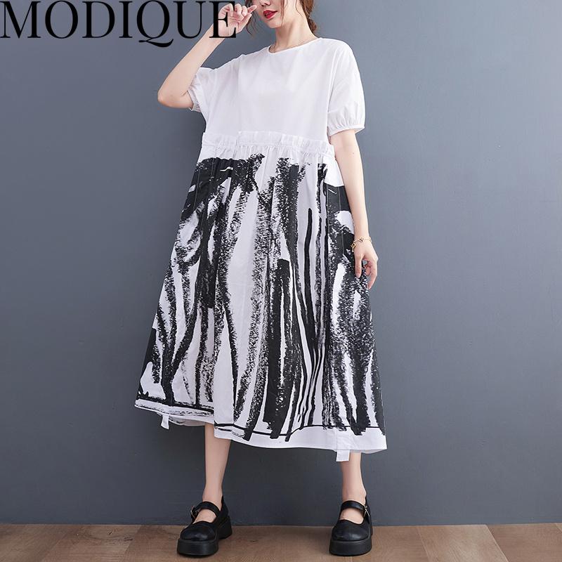 MODIQUE Sommer Pluss Størrelse Ny Kjole Skjorte Kvinner Løs Vintage Bomull Lin Patchwork Kjole Trykk Casual Damekjoler O-Hals