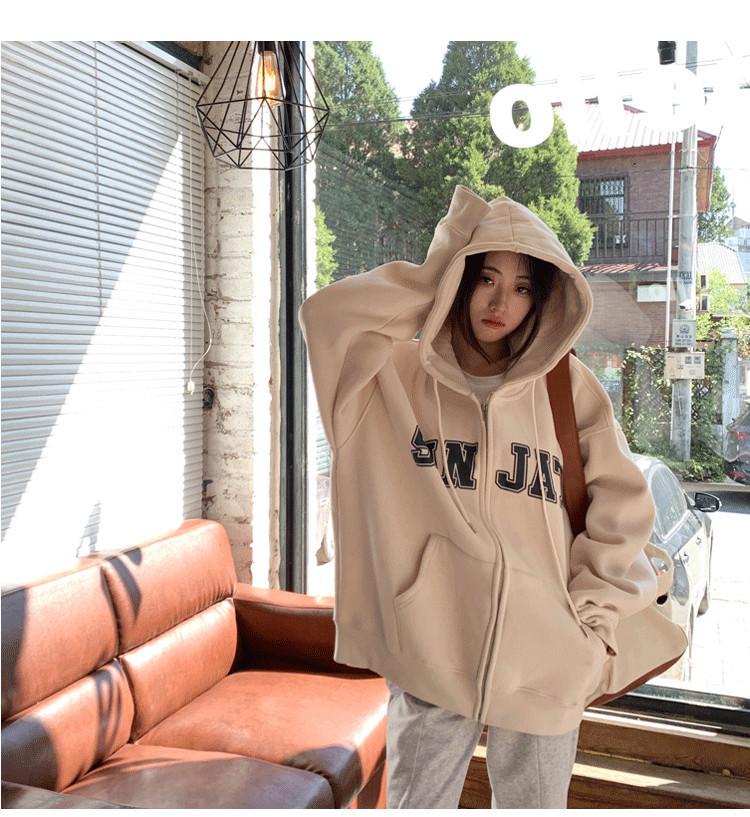 Women's Oversized Fleece-Lined Gray Hooded Zipper Cardigan - Retro Style