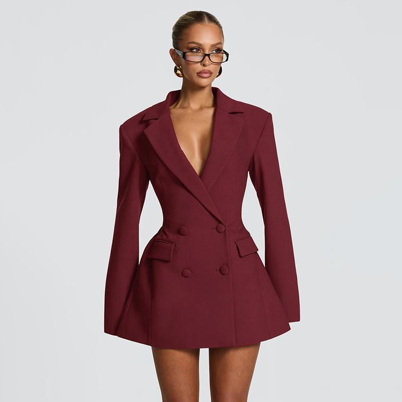 Women European Style Solid Color Casual Slim Fit Long Sleeve Blazer Mini Dress