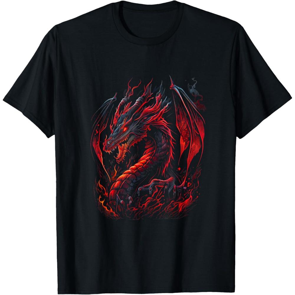 Red Chinese Firedrake Dragon Print Art Wear T Shirt S чёрный