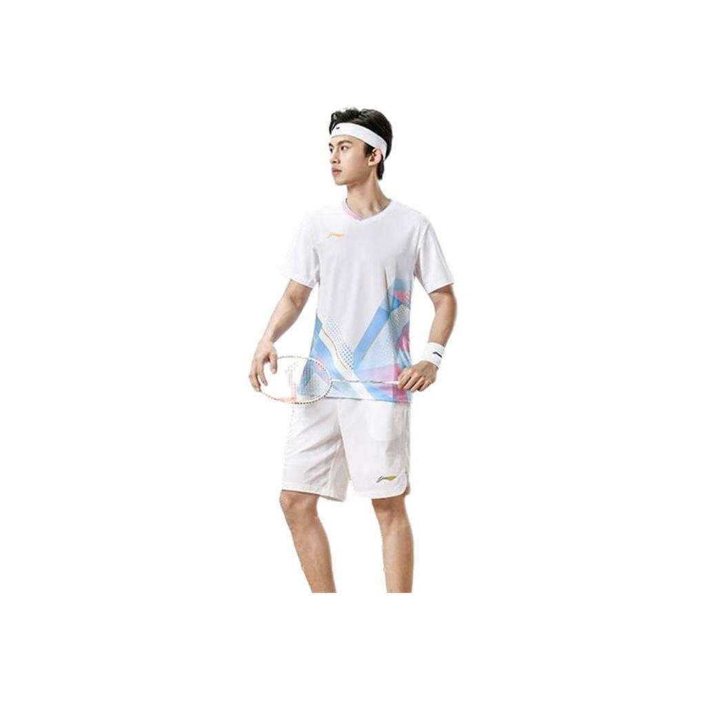 Li-Ning Color Block V-Ausschnitt Sportwettkampf Kurzarm T-Shirt Unisex Tops Standard-Weiß AAYU127-2
