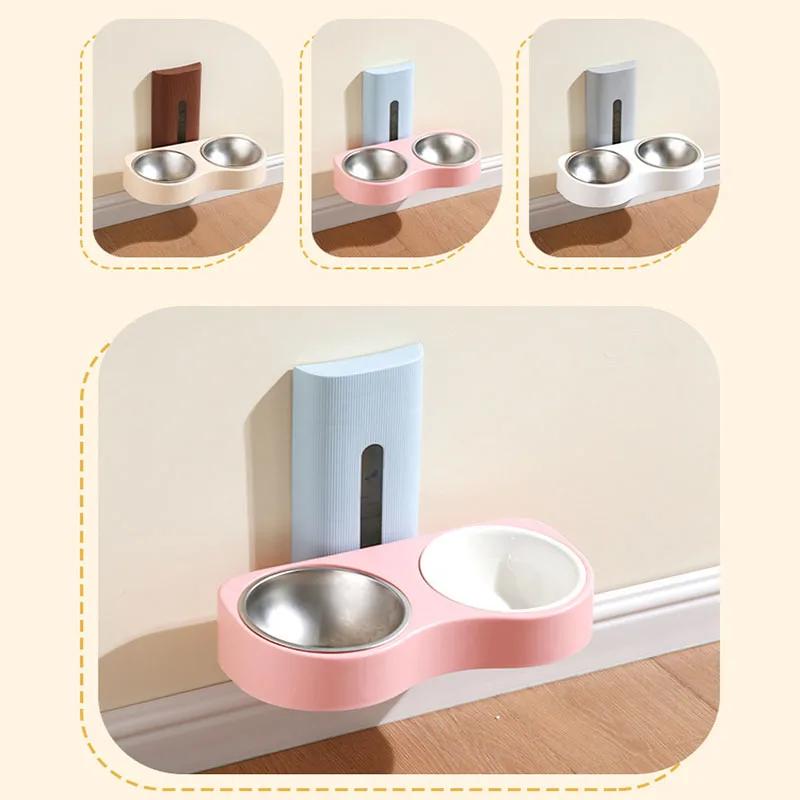 Wall-mounted Pet Double Bowl High Stainless Steel Ceramic Cat Water Dispenser Feeder Dog Bowl Adjustable Height Cat Food Basin
