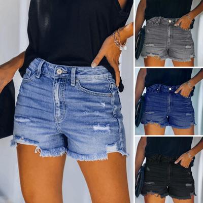 Damen-Jeansshorts mit zerrissenem Rand, aushöhlen, mehrere Taschen, einfarbig, Knopf, Reißverschluss