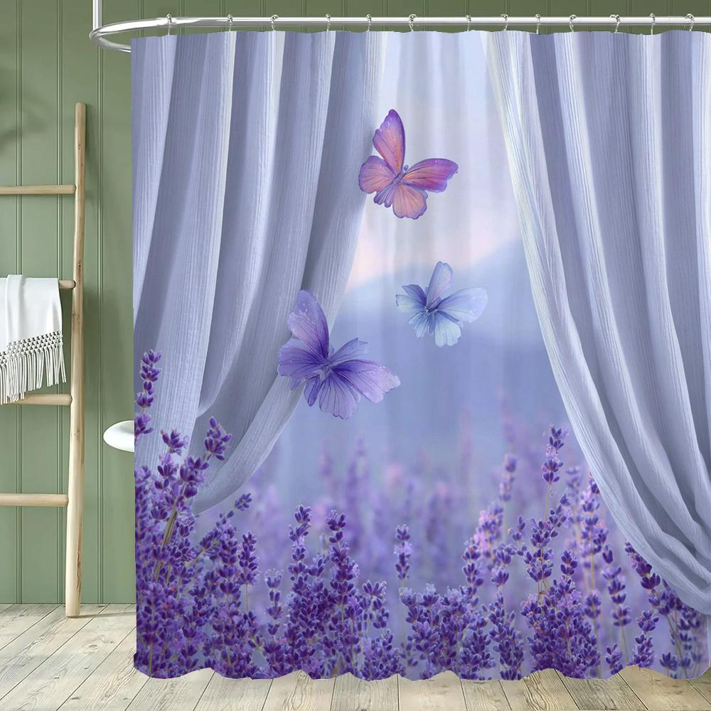 Purple Lavender Butterfly Pattern Shower Curtain,Flowers Bathroom Decorative Shower Curtain, Print Polyester Curtain With Hooks