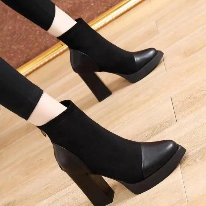 2025 Shoes for Women Ankle Women's Boots Platform Modern Boots Women Flock Back Zip Pointed Toe Chunky High Heels Shoes Female