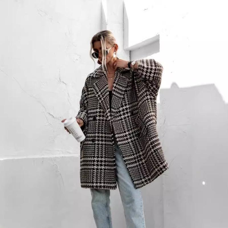 

Tooxika Новое осенне-зимнее пальто с утолщенной подкладкой Шерстяное пальто с узором «гусиная лапка» M абрикосовый