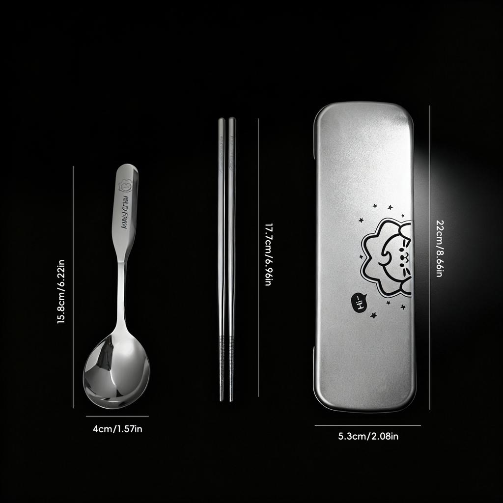 3pcs/set Cute Portable 316 Stainless Steel Tableware Chopsticks Spoons With Storage Box Reusable Outdoor Picnic Cutlery  Set