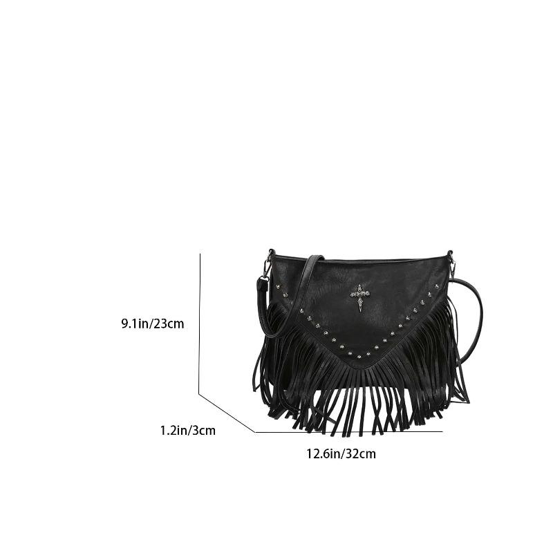 Fashi Vintage Leder Crossbody Tasche, Boho Stil Schultertasche, Quaste Niete Kreuz Dekor Quadratische Geldbörse Lässige Umhängetasche