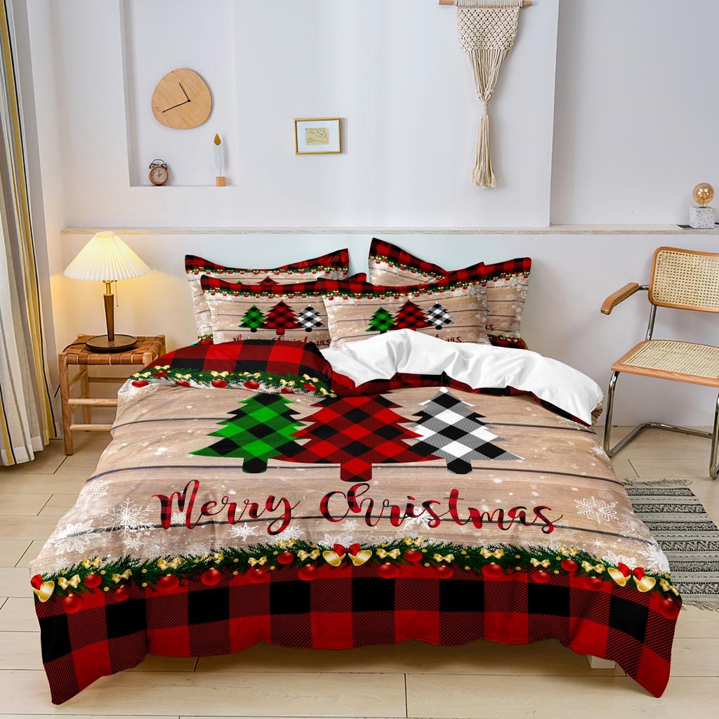 3pcs Christmas Duvet Cover Set - Festive Reindeer &Tree Design Red Grid Checkered Pattern Christmas Bedding | Christmas Gift